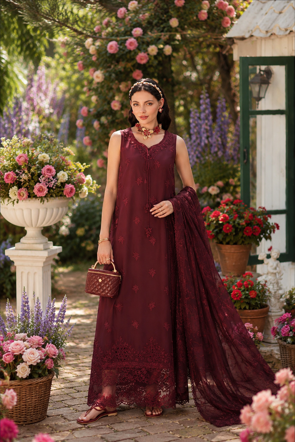 Noor by Saadia Asad | Noor Eid Printskhas 26 |D10  Burgundy - Luxury Dress - available at Maria Faisal in UK and USA.