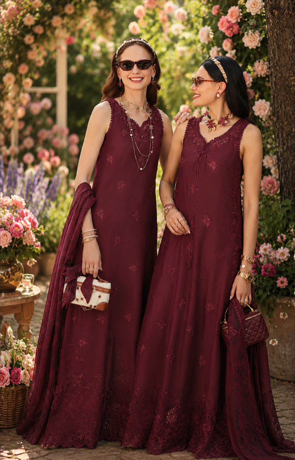 Noor by Saadia Asad | Noor Eid Printskhas 26 |D10  Burgundy - Luxury Dress - available at Maria Faisal in UK and USA.
