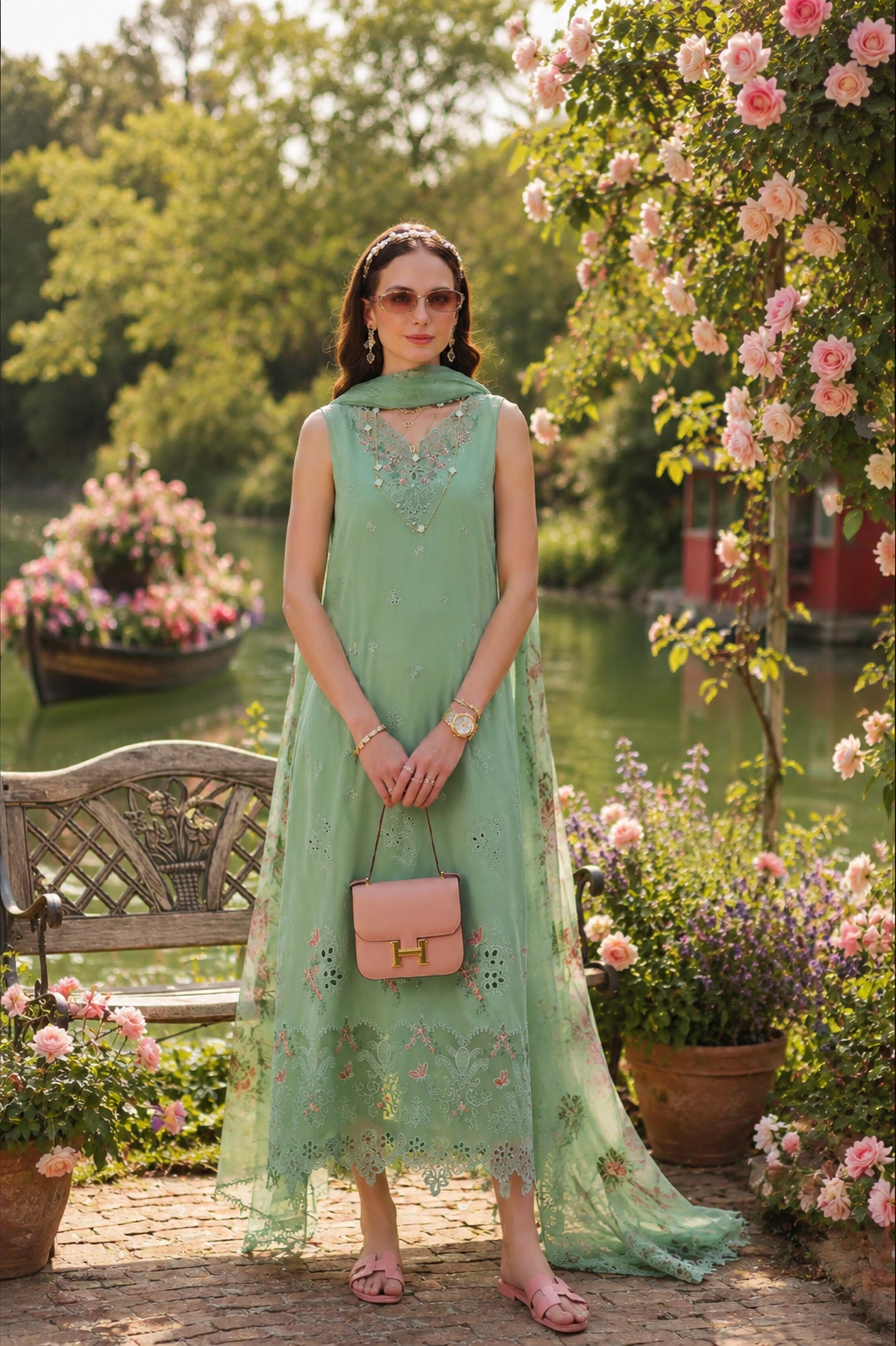 Noor by Saadia Asad | Noor Eid Printskhas 26 | D9  Aqua Minta - Luxury Dress - available at Maria Faisal in UK and USA.