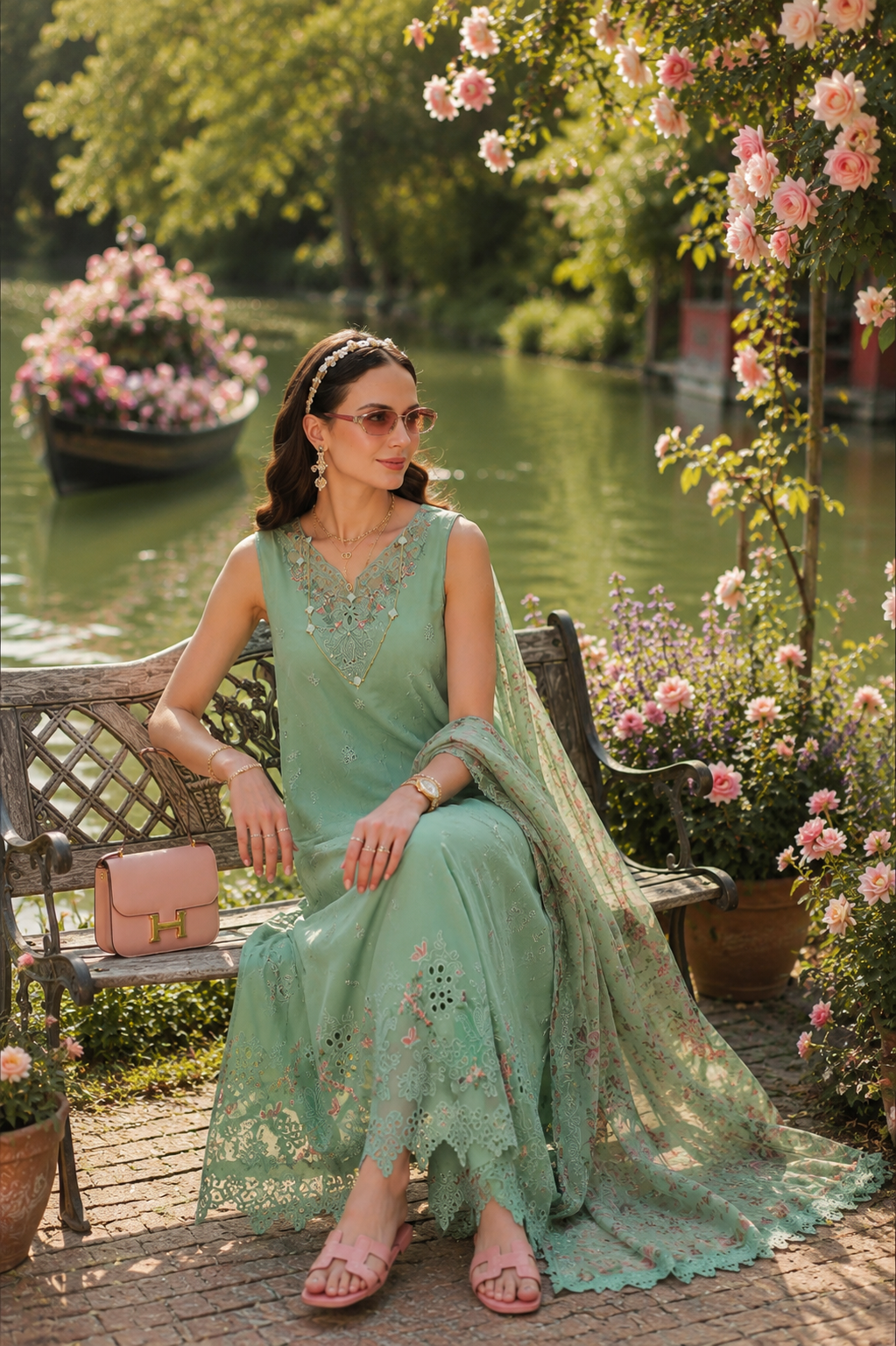 Noor by Saadia Asad | Noor Eid Printskhas 26 | D9  Aqua Minta - Luxury Dress - available at Maria Faisal in UK and USA.