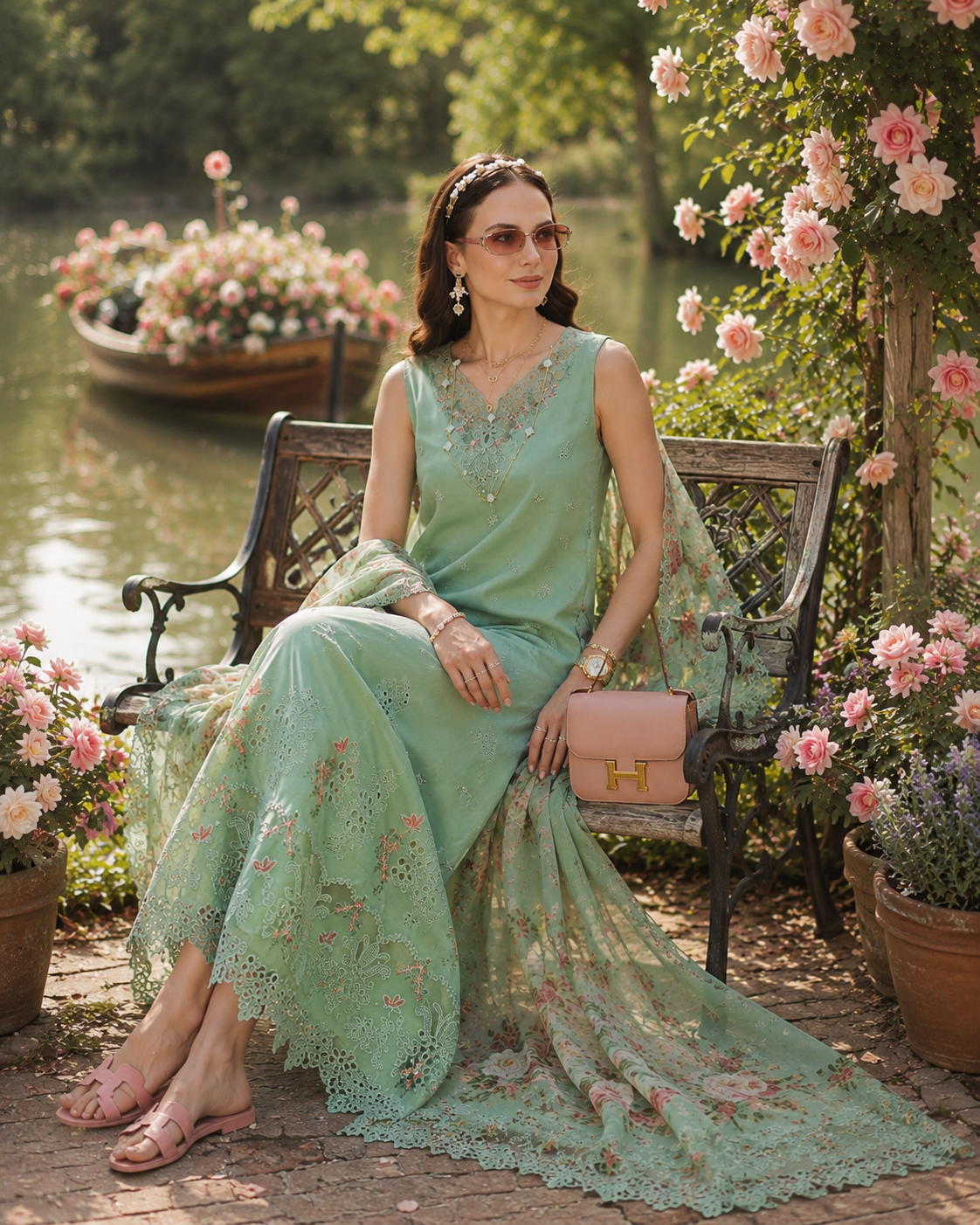 Noor by Saadia Asad | Noor Eid Printskhas 26 | D9  Aqua Minta - Luxury Dress - available at Maria Faisal in UK and USA.