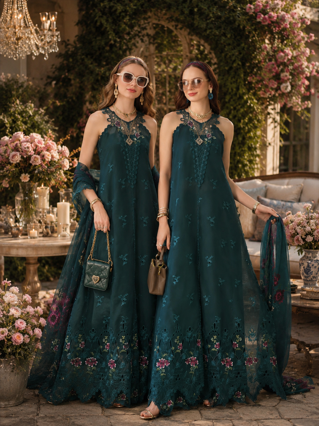 Noor by Saadia Asad | Noor Eid Printskhas 26 | D6  Coblat Teal - Luxury Dress - available at Maria Faisal in UK and USA.