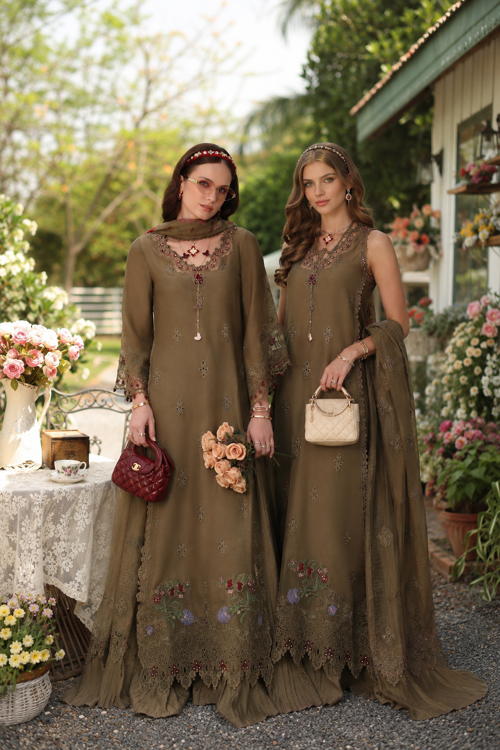 Noor by Saadia Asad | Noor Eid Printskhas 26 |D8  Mocha Sienna - Luxury Dress - available at Maria Faisal in UK and USA.