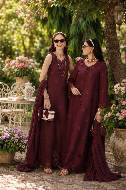 Noor by Saadia Asad | Noor Eid Printskhas 26 |D10  Burgundy - Luxury Dress - available at Maria Faisal in UK and USA.