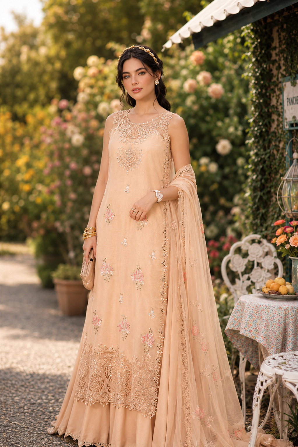 Noor by Saadia Asad | Noor Eid Printskhas 26 |D13  Blush Peach - Luxury Dress - available at Maria Faisal in UK and USA.