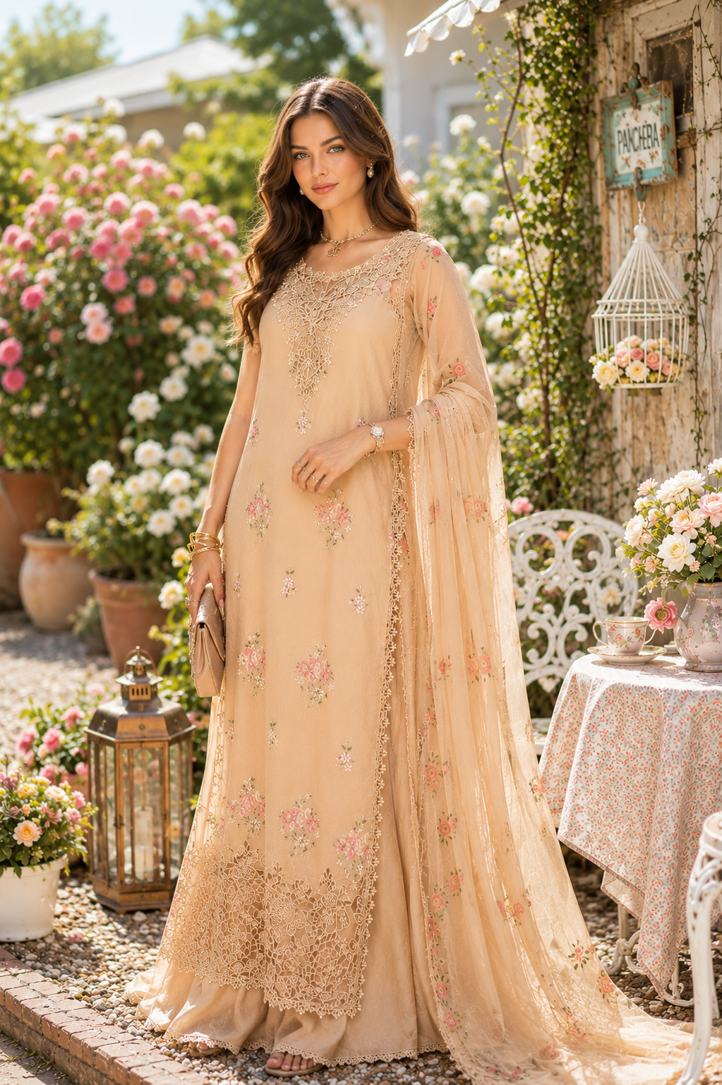 Noor by Saadia Asad | Noor Eid Printskhas 26 |D13  Blush Peach - Luxury Dress - available at Maria Faisal in UK and USA.