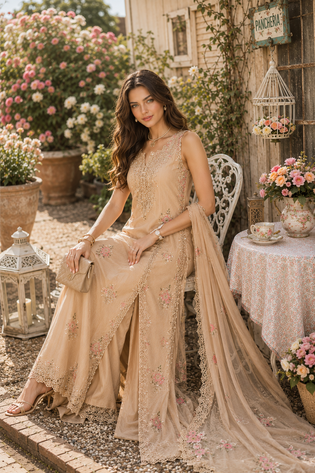 Noor by Saadia Asad | Noor Eid Printskhas 26 |D13  Blush Peach - Luxury Dress - available at Maria Faisal in UK and USA.