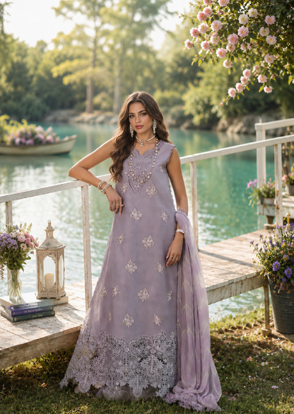 Noor by Saadia Asad | Noor Eid Printskhas 26 | D4  Lavender Lights - Luxury Dress - available at Maria Faisal in UK and USA.