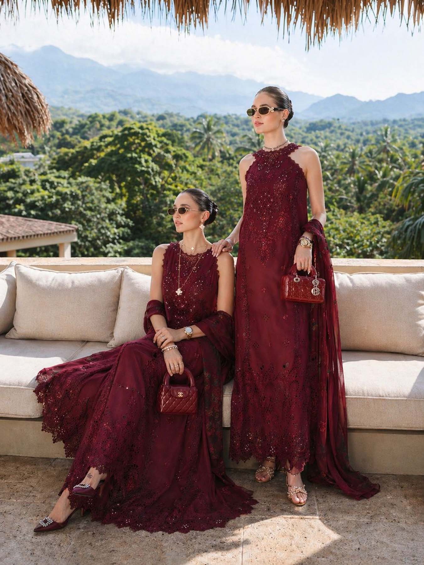 Noor by Saadia Asad | Luxury Eid Schiffli Laserkari 26 | D12 -Amalfi Rouge - Formal Dress - available at Maria Faisal in UK and USA.