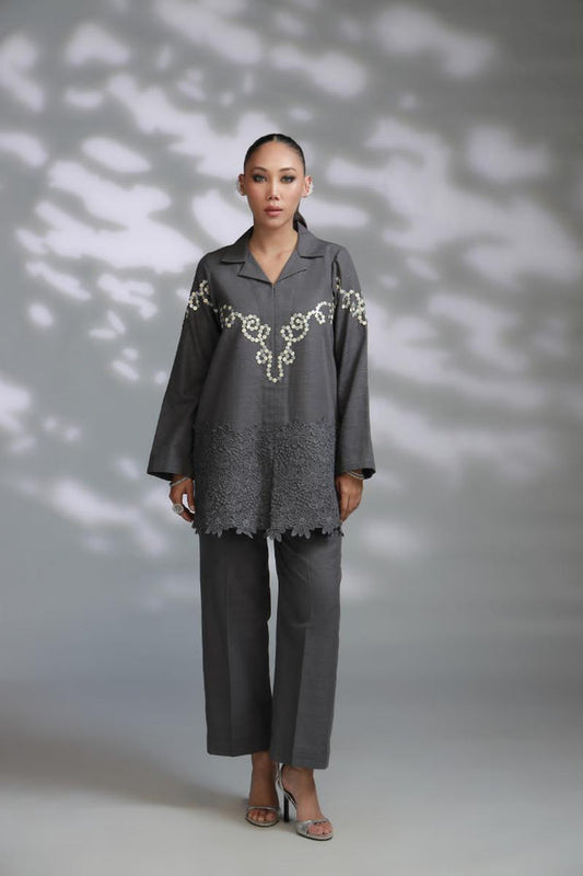 Sana Abbas | La Fiesta A W Pret | Mist - Dress - available at Maria Faisal in UK and USA.