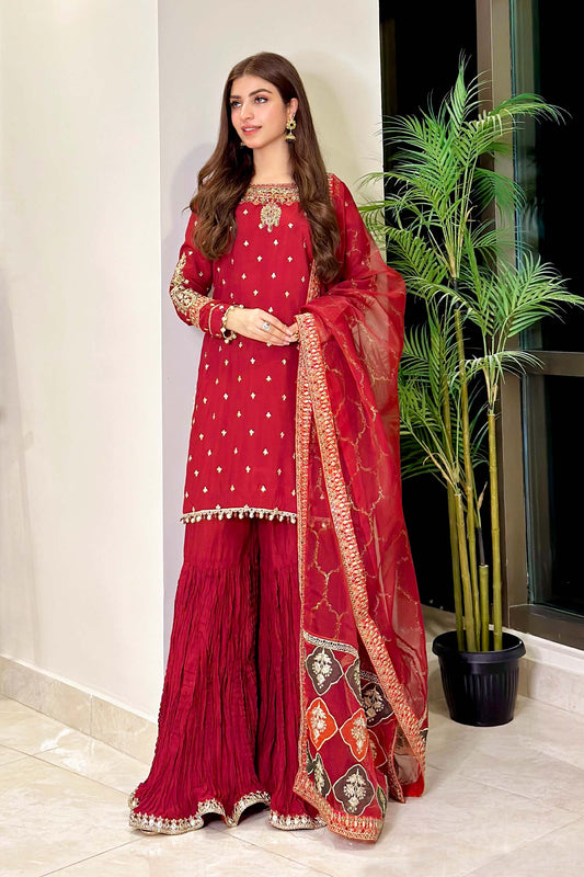 Maria B | Luxury Formals | SF-EA23-18R1-Maroon - Formal Dress - available at Maria Faisal in UK and USA.