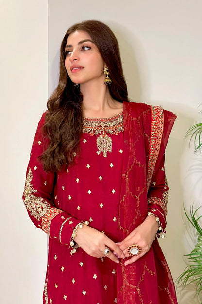 Maria B | Luxury Formals | SF-EA23-18R1-Maroon - Formal Dress - available at Maria Faisal in UK and USA.