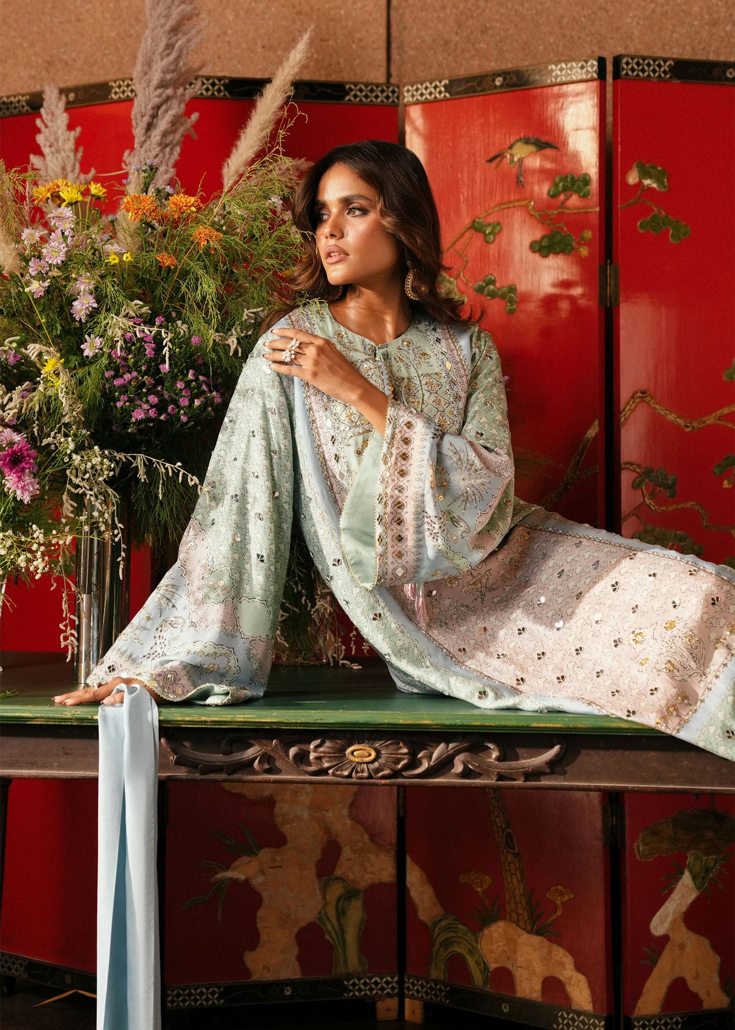 Crimson | Silk Eid Pret | Jhilmil - Mint