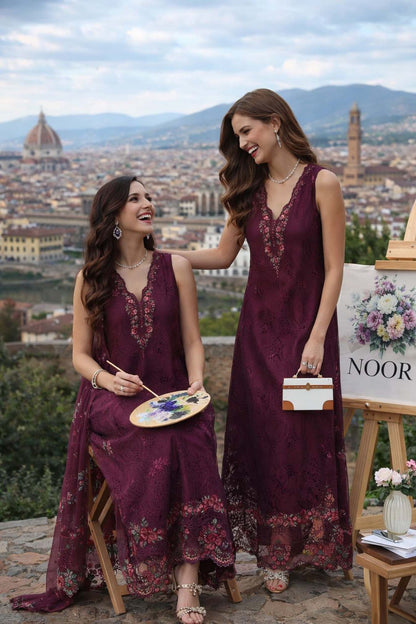 Noor by Saadia Asad | Luxury Eid Schiffli Laserkari 26 | D10 -Plum Royal - Luxury Dress - available at Maria Faisal in UK and USA.