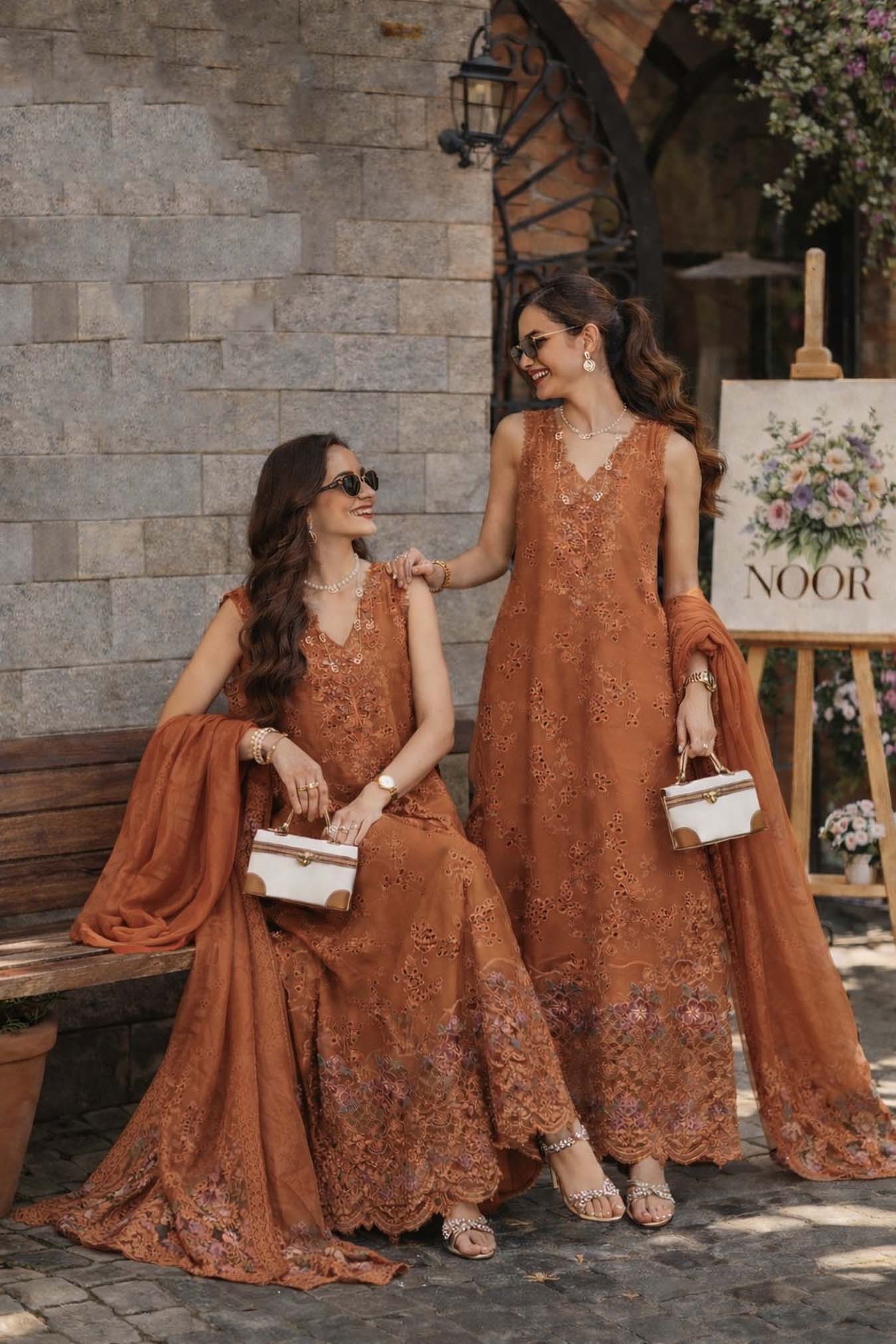 Noor by Saadia Asad | Luxury Eid Schiffli Laserkari 26 | D6 -Amber Rustique - Luxury Dress - available at Maria Faisal in UK and USA.