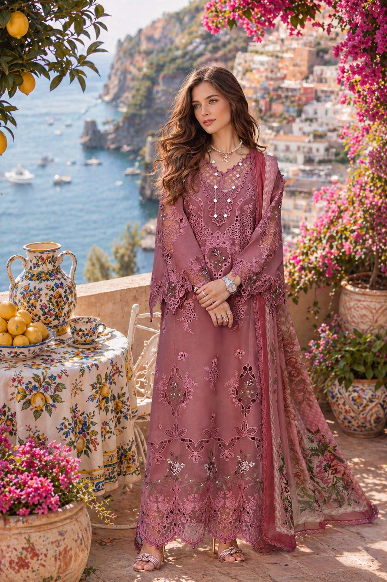 Noor by Saadia Asad | Luxury Eid Schiffli Laserkari 26 | D1 -Rose Allure - Luxury Dress - available at Maria Faisal in UK and USA.