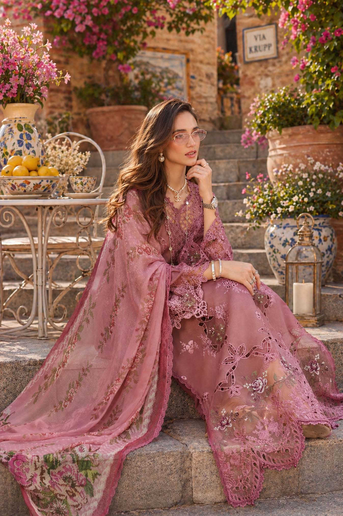 Noor by Saadia Asad | Luxury Eid Schiffli Laserkari 26 | D1 -Rose Allure - Luxury Dress - available at Maria Faisal in UK and USA.