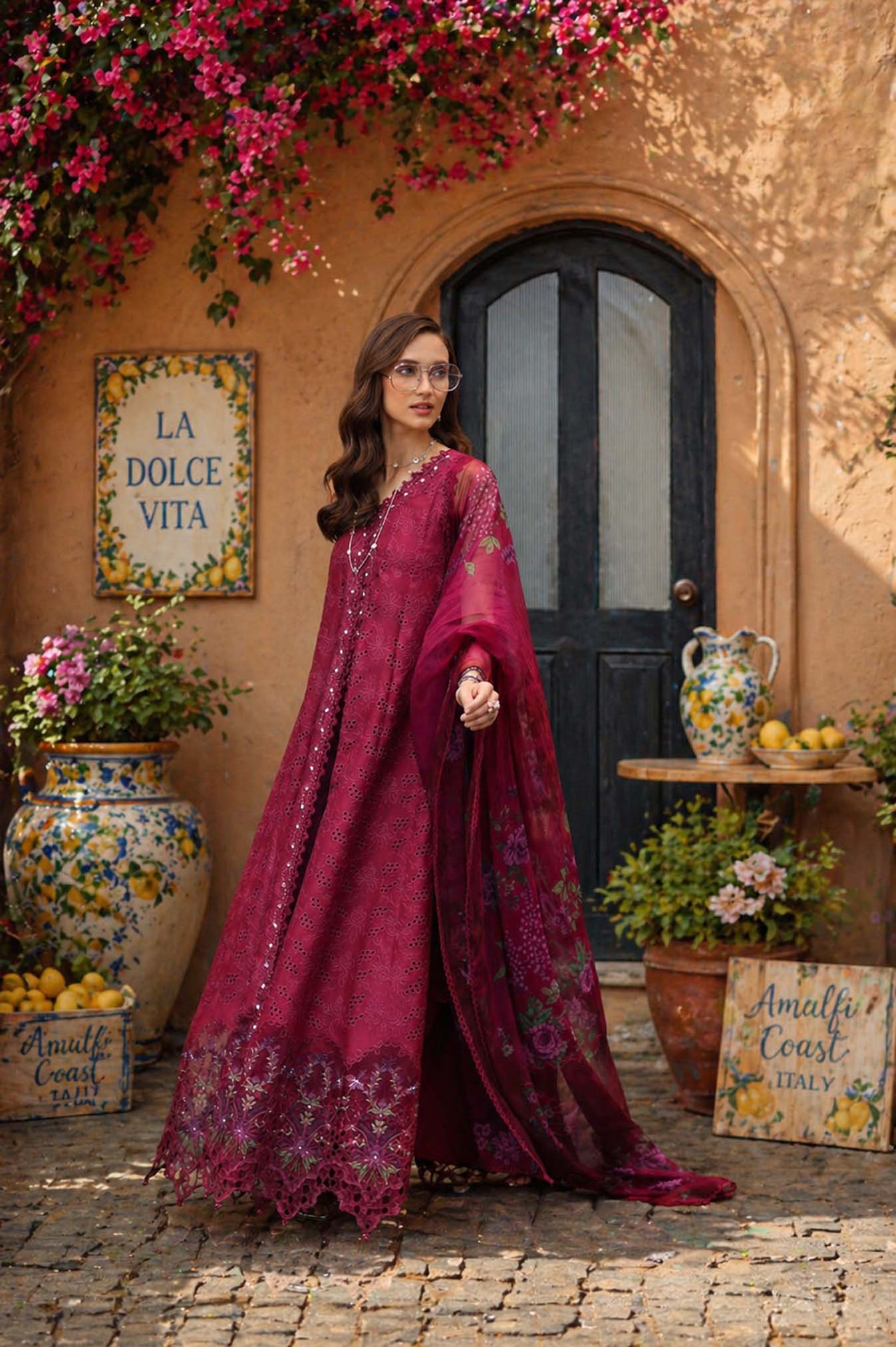 Noor by Saadia Asad | Luxury Eid Schiffli Laserkari 26 | D4 -Fuchia Elegance - Luxury Dress - available at Maria Faisal in UK and USA.