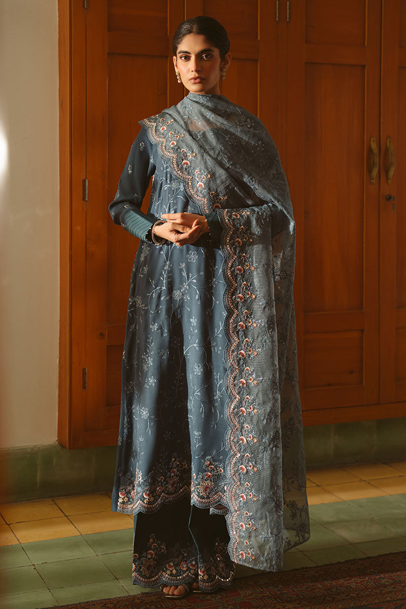 Cross Stitch | SS-25 RTS TO RTW EMB Chiffon ENG EDIT-1 | MAJESTIC TEAL - Luxury Dress - available at Maria Faisal in UK and USA.