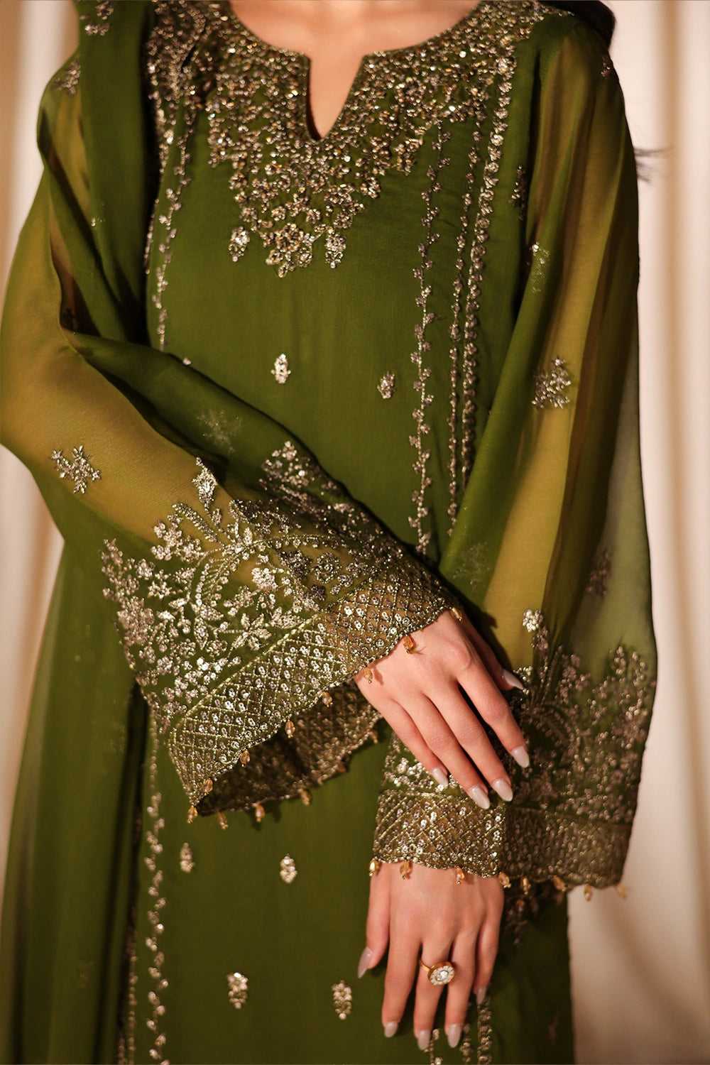 Azure | Azure Luxe | Imperial Olive - Luxury Dress - available at Maria Faisal in UK and USA.