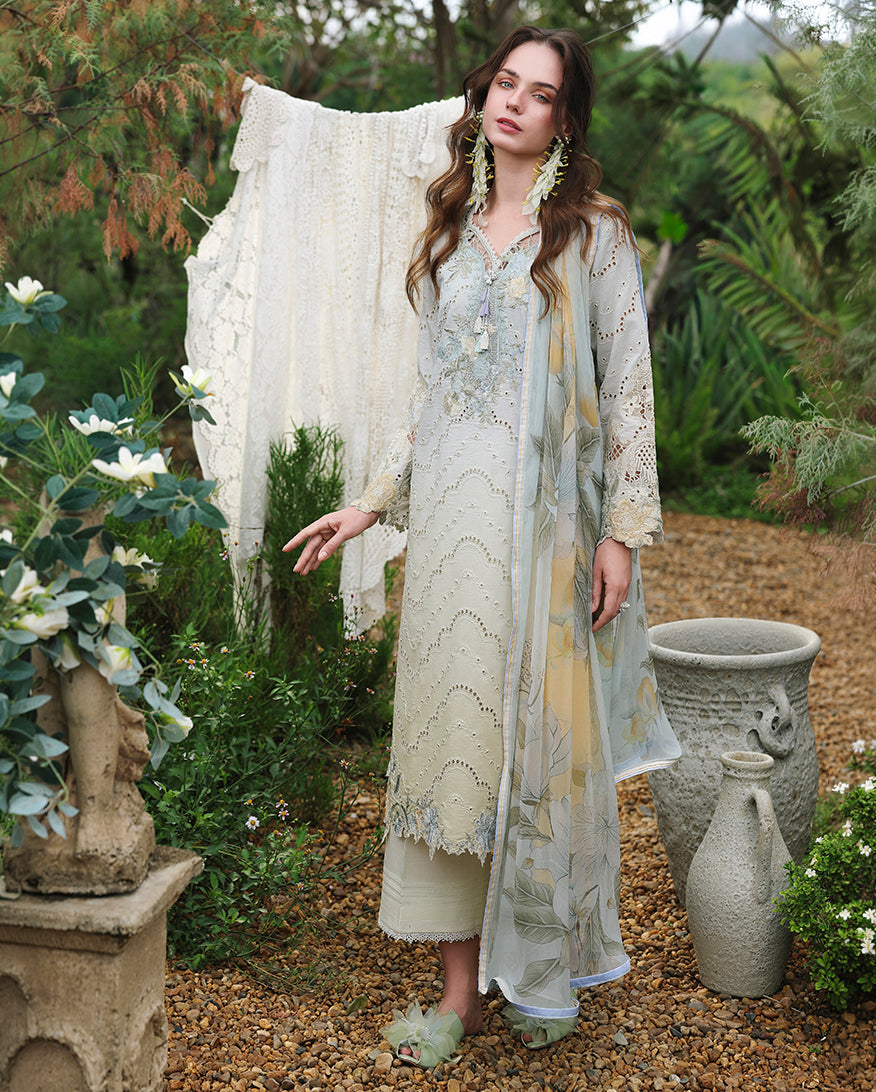 Mushq | The Secret Garden Lawn | Ivory Botanica - Luxury Dress - available at Maria Faisal in UK and USA.