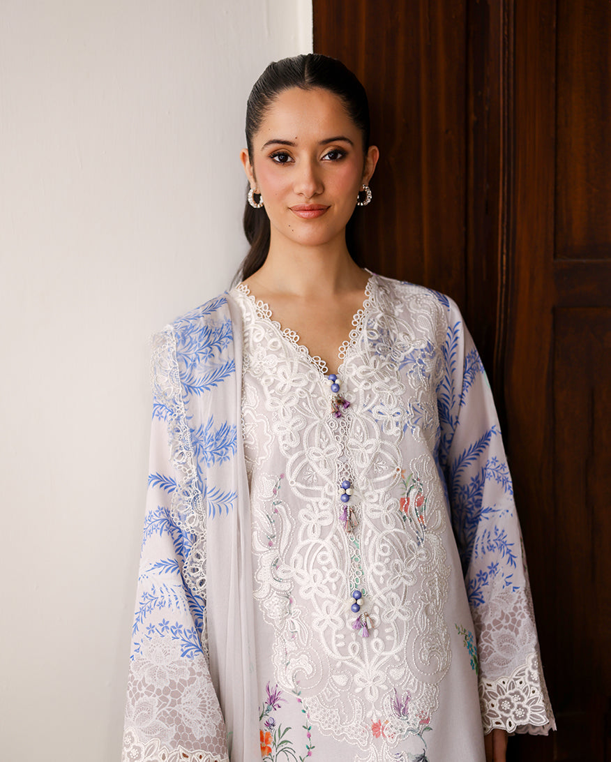 Roheenaz | Sunlit Tales Printed Embroidered Edit | Ivory Gleam - Luxury Dress - available at Maria Faisal in UK and USA.
