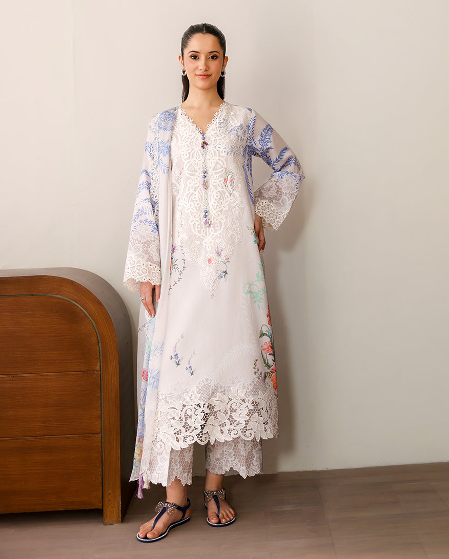 Roheenaz | Sunlit Tales Printed Embroidered Edit | Ivory Gleam - Luxury Dress - available at Maria Faisal in UK and USA.