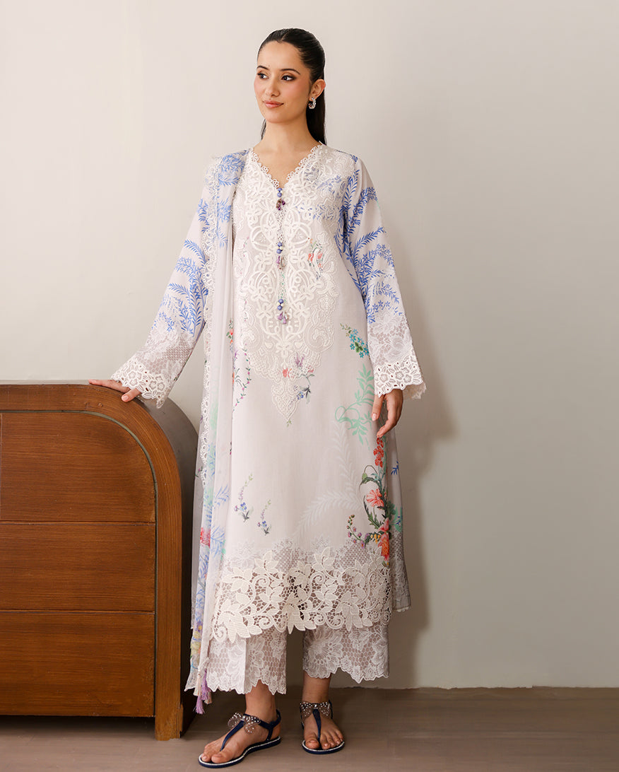 Roheenaz | Sunlit Tales Printed Embroidered Edit | Ivory Gleam - Luxury Dress - available at Maria Faisal in UK and USA.