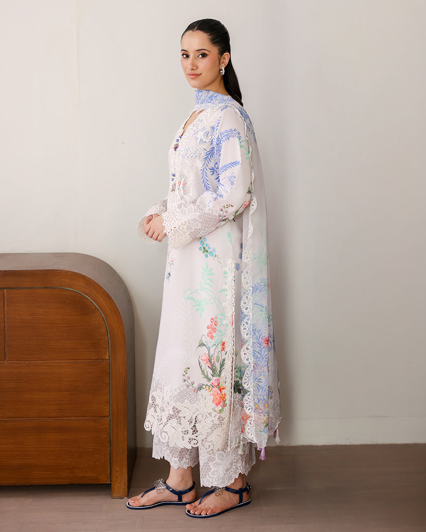 Roheenaz | Sunlit Tales Printed Embroidered Edit | Ivory Gleam - Luxury Dress - available at Maria Faisal in UK and USA.