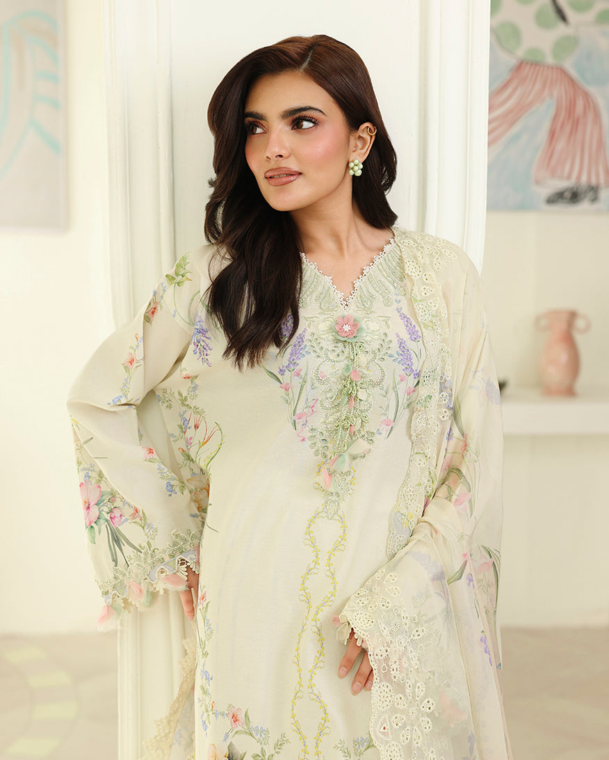 Roheenaz | Petals in Print | Ivory Sonata - Casual Dress - available at Maria Faisal in UK and USA.