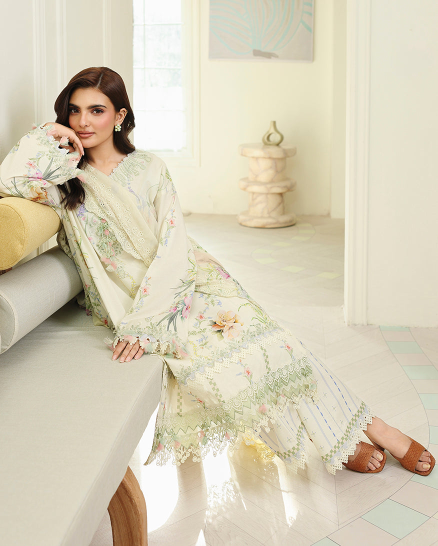 Roheenaz | Petals in Print | Ivory Sonata - Casual Dress - available at Maria Faisal in UK and USA.