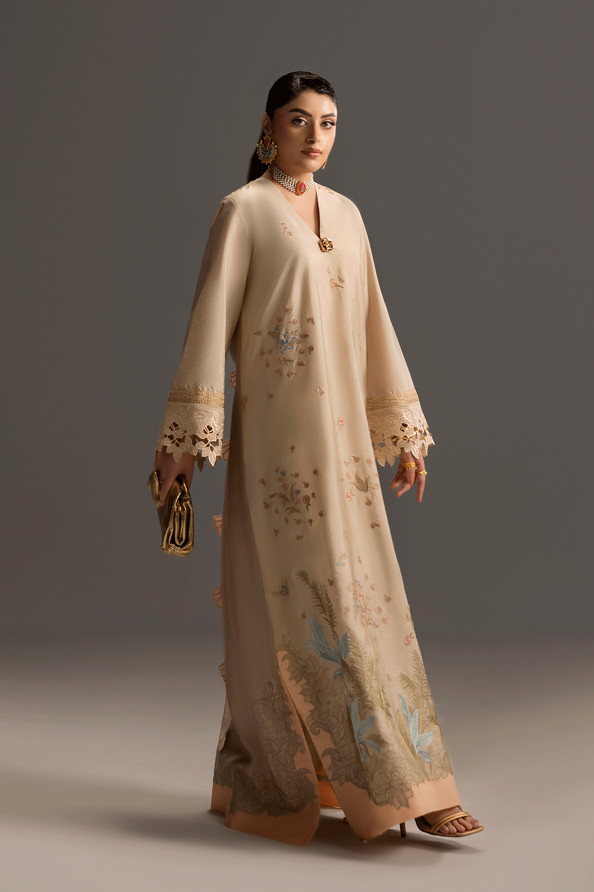 Erum Khan | Summer Whisper | Golden Crown - Luxury Dress - available at Maria Faisal in UK and USA.
