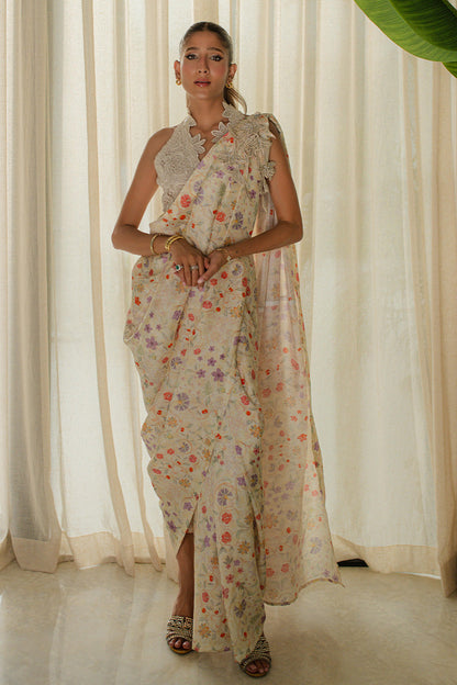 Mina Hasan | Signature Pret | Wrapped Goddess Stitched Saree - Luxury Dress - available at Maria Faisal in UK and USA.
