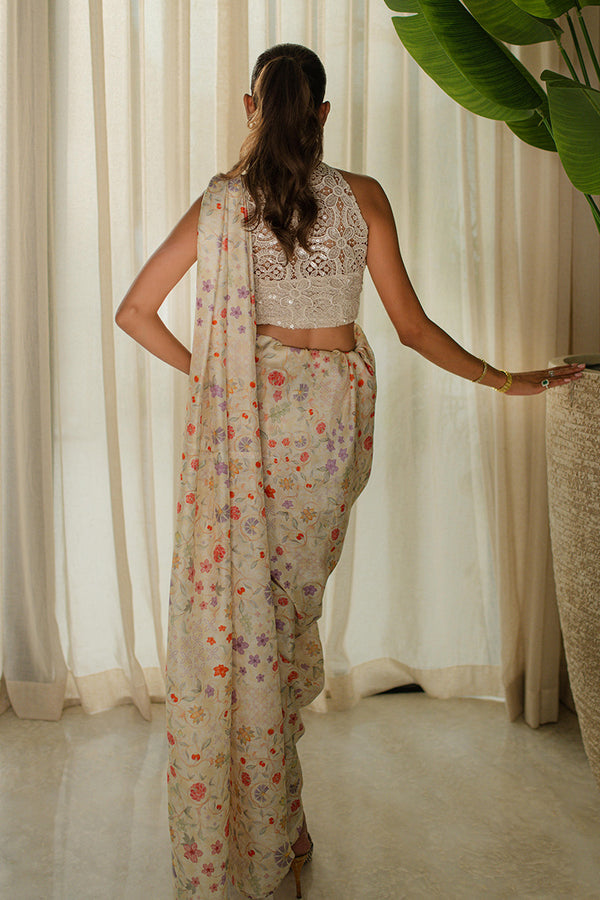 Mina Hassan | Signature Prints | Wrapped Goddess Stitched Saree - Ladies Clothes - Maria Faisal