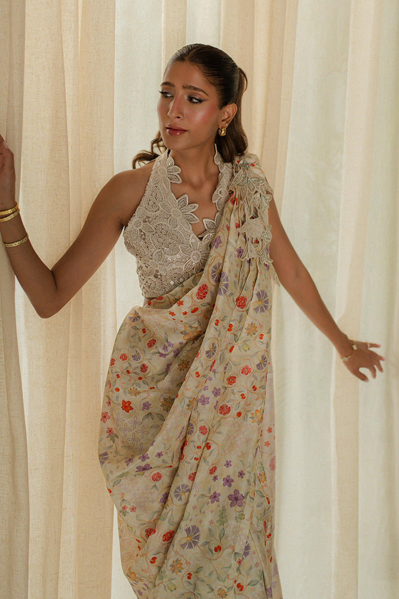 Mina Hasan | Signature Pret | Wrapped Goddess Stitched Saree - Luxury Dress - available at Maria Faisal in UK and USA.