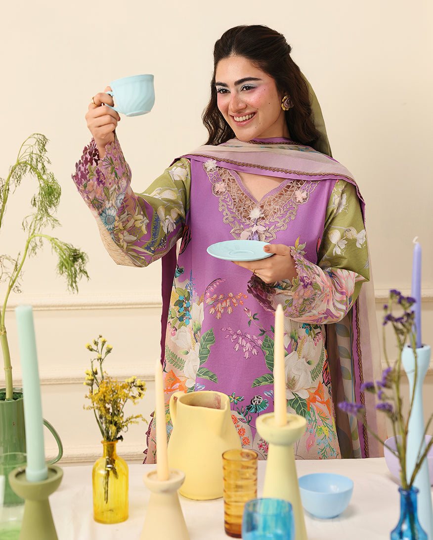 Mushq | Soleil Prints | Lilac Whim - Luxury Dress - available at Maria Faisal in UK and USA.