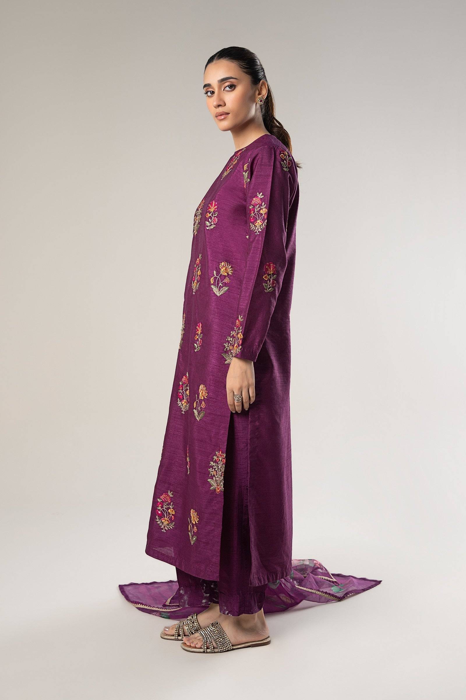 Maria B | Basics RTW | 3 Pc Embroidered Raw Silk Suit | MB-WF24-47 by Maria Faisal - Registered Vendor of : Maria B - type : Ladies Clothes - 100% original wedding dresses