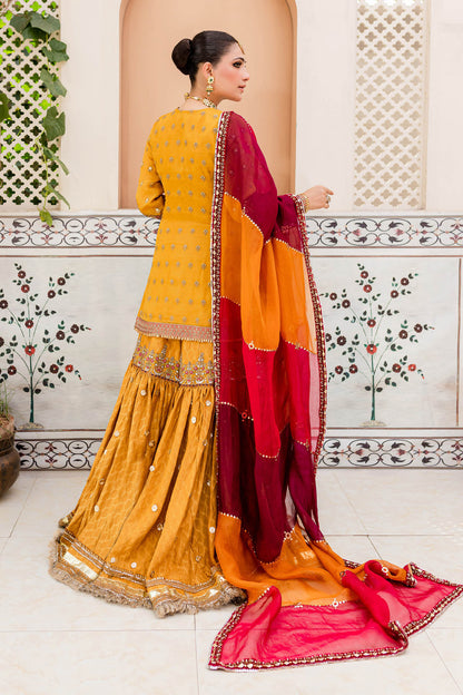 Maria B | Bridal Couture | Mustard Yellow MC-905 - Designer Dress with Intricate embroidery and embellishments. Shop elegent wedding dress at Maria Faisal.