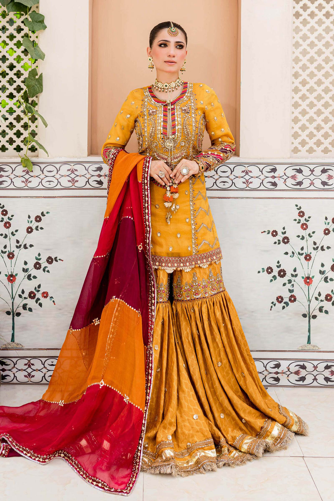 Maria B | Bridal Couture | Mustard Yellow MC-905 - Designer Dress with Intricate embroidery and embellishments. Shop elegent wedding dress at Maria Faisal.