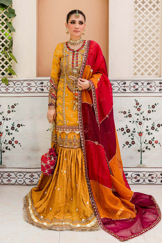 Maria B | Bridal Couture | Mustard Yellow MC-905 - Designer Dress with Intricate embroidery and embellishments. Shop elegent wedding dress at Maria Faisal.