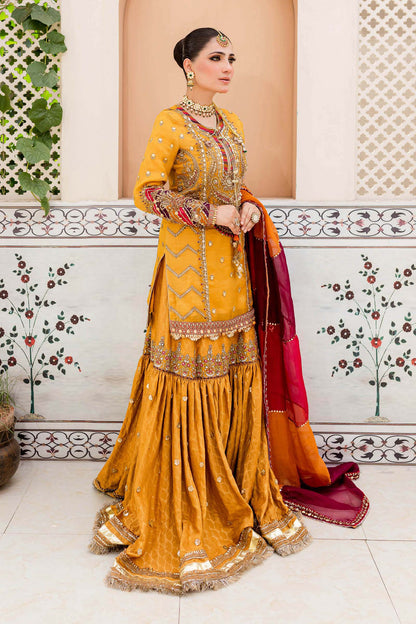 Maria B | Bridal Couture | Mustard Yellow MC-905 - Designer Dress with Intricate embroidery and embellishments. Shop elegent wedding dress at Maria Faisal.