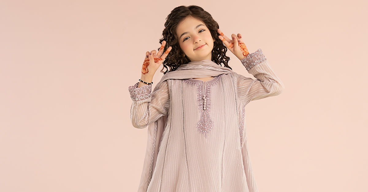 3 Piece Embroidered Striped Lurex Yarn Dyed Suit - Kids Clothing - available at Maria Faisal in UK and USA.