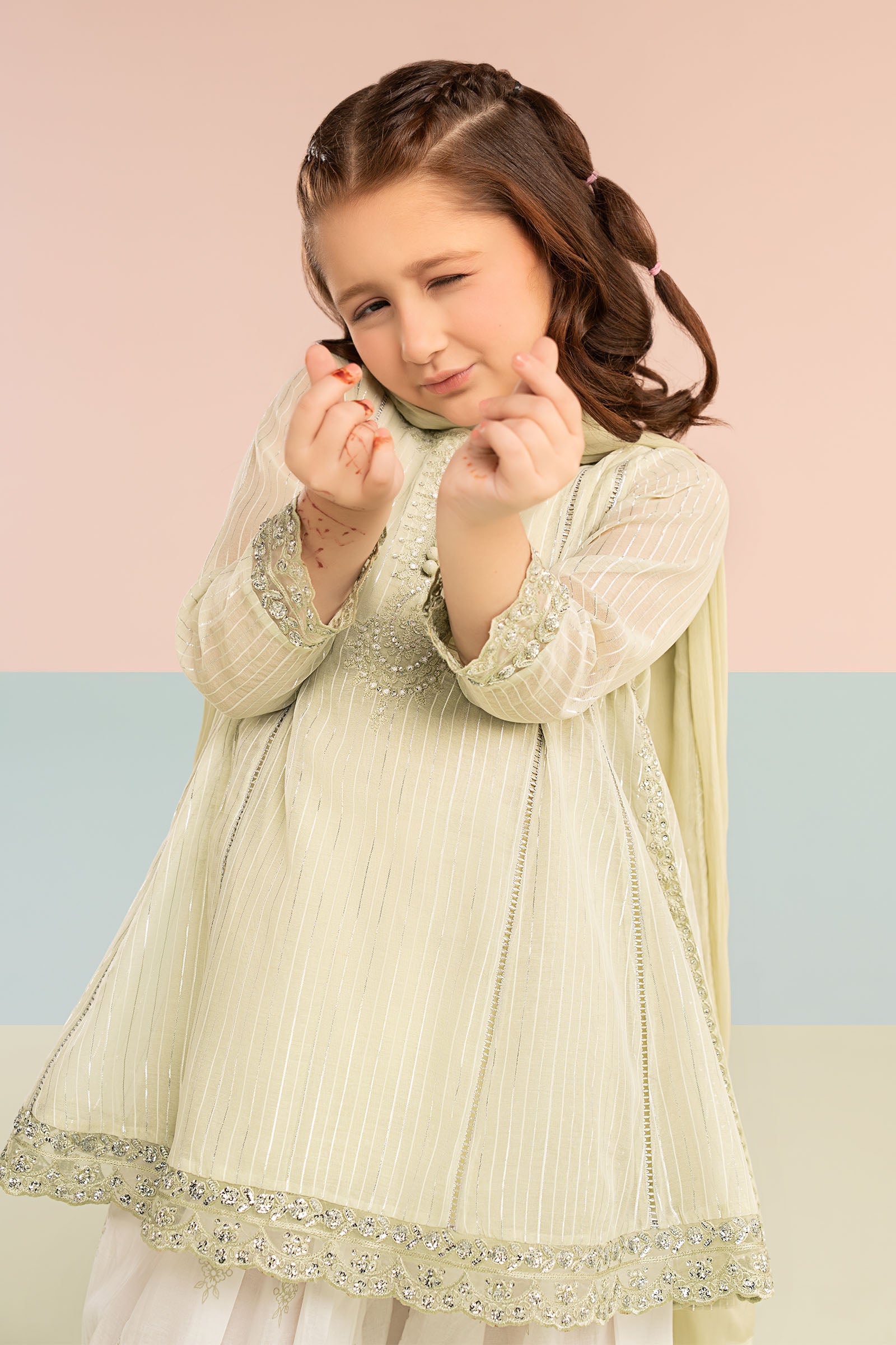 3 Piece Embroidered Striped Lurex Yarn Dyed Suit - Kids Clothing - available at Maria Faisal in UK and USA.