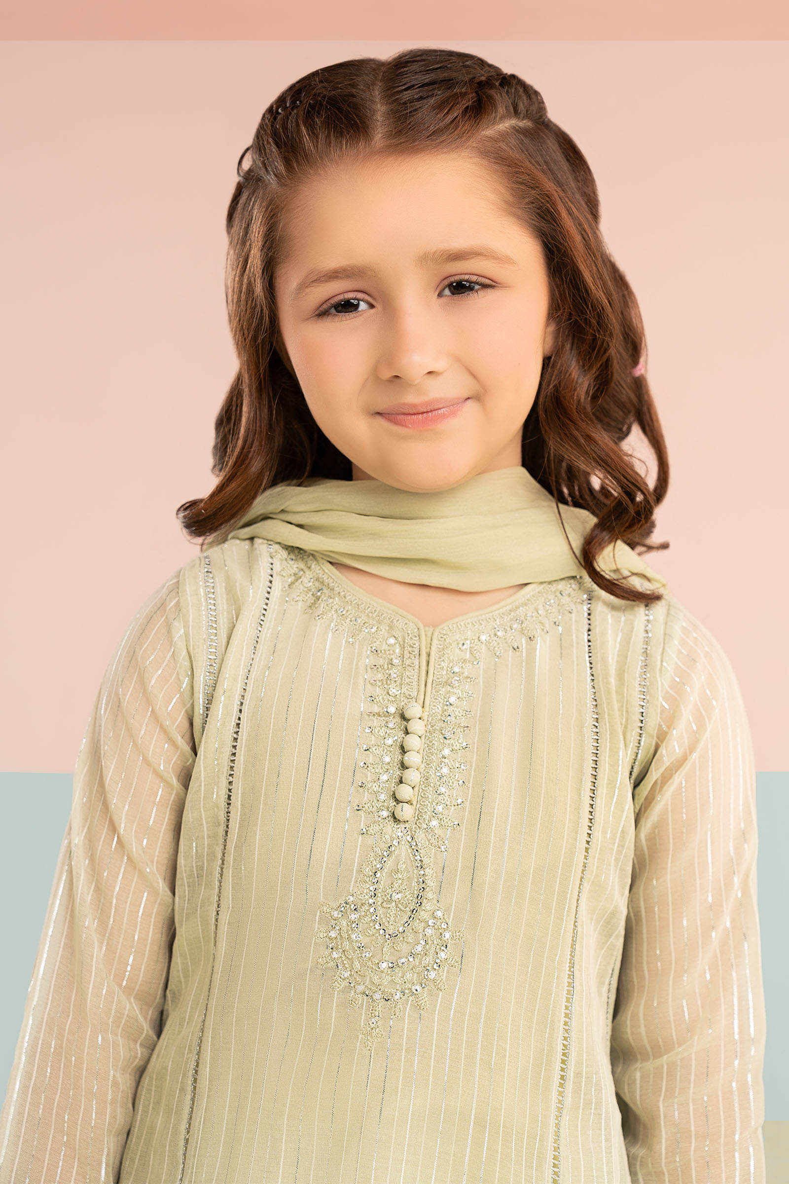 3 Piece Embroidered Striped Lurex Yarn Dyed Suit - Kids Clothing - available at Maria Faisal in UK and USA.