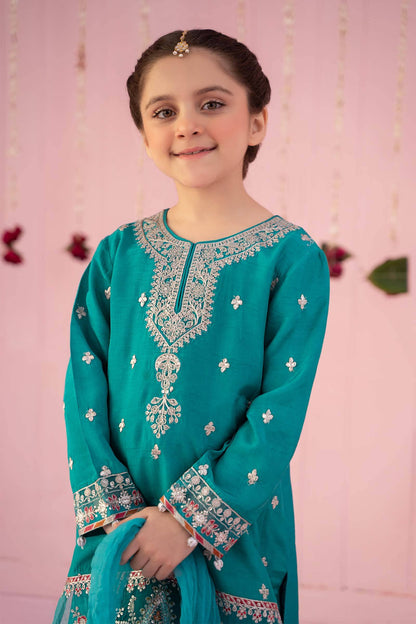 Maria B | 3 Piece Embroidered Raw Silk Suit | MKS-EF24-09 by Maria Faisal - Registered Vendor of : Maria B - type : Kids Clothes - 100% original wedding dresses