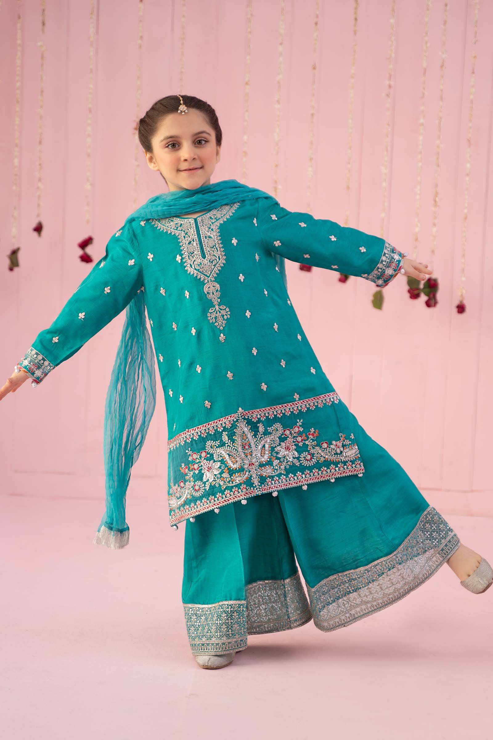 Maria B | 3 Piece Embroidered Raw Silk Suit | MKS-EF24-09 by Maria Faisal - Registered Vendor of : Maria B - type : Kids Clothes - 100% original wedding dresses