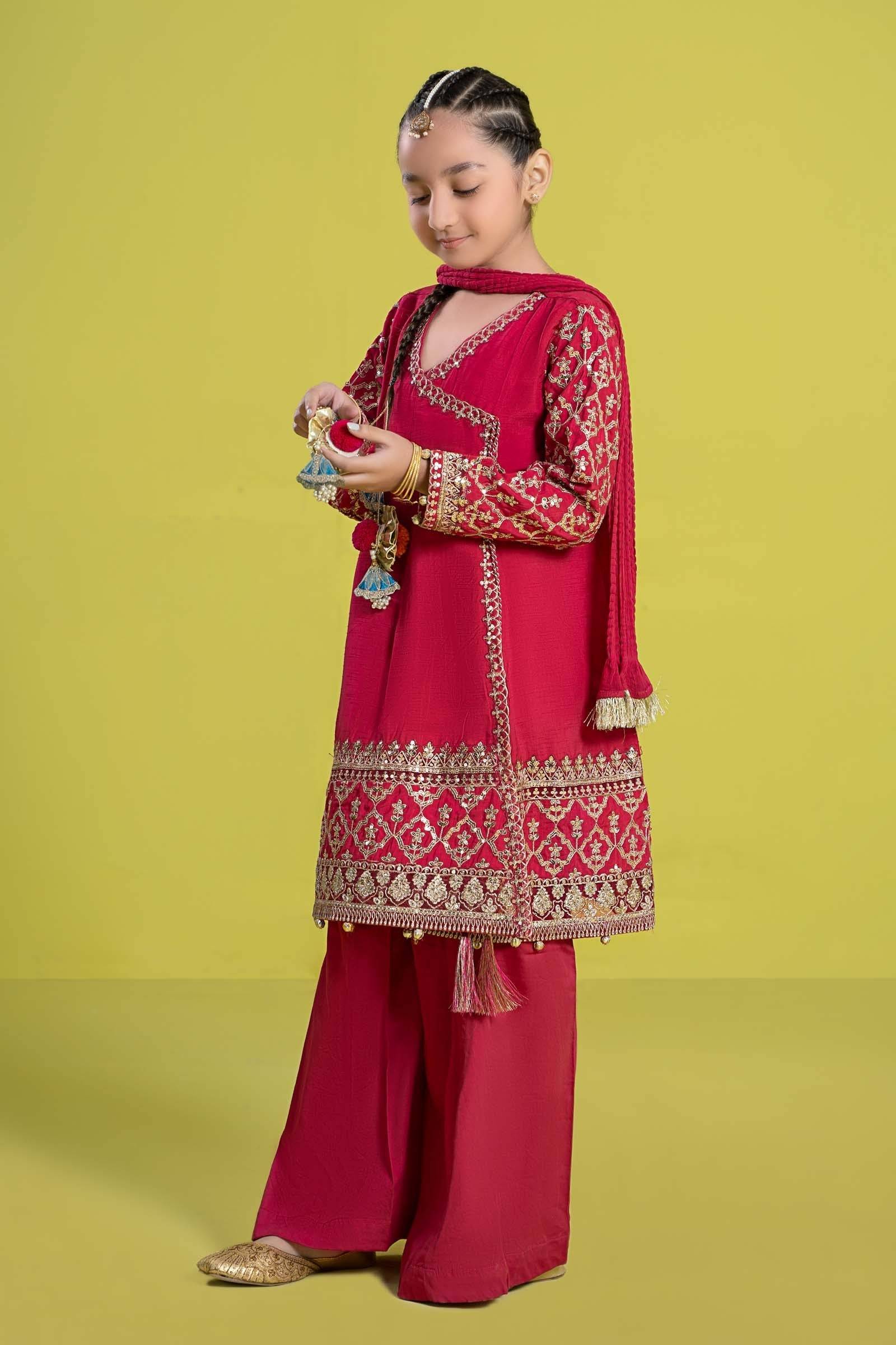 Maria B | 3 Piece Embroidered Raw Silk Suit | MKS-EF24-31 by Maria Faisal - Registered Vendor of : Maria B - type : Kids Clothes - 100% original wedding dresses