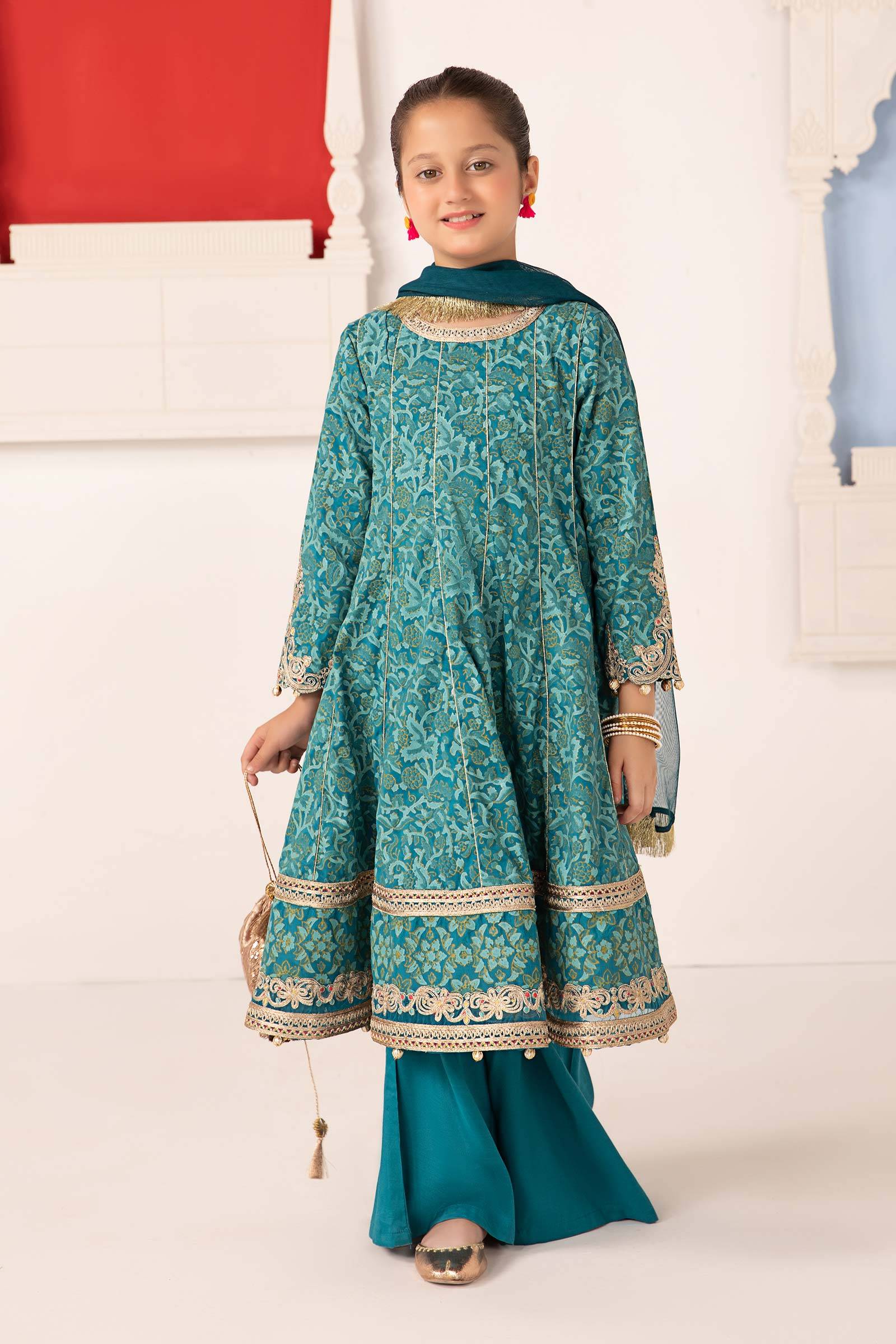 Maria B | 3 Piece Printed Raw Silk Suit | MKS-EA24-05 by Maria Faisal - Registered Vendor of : Maria B - type : Kids Clothes - 100% original wedding dresses