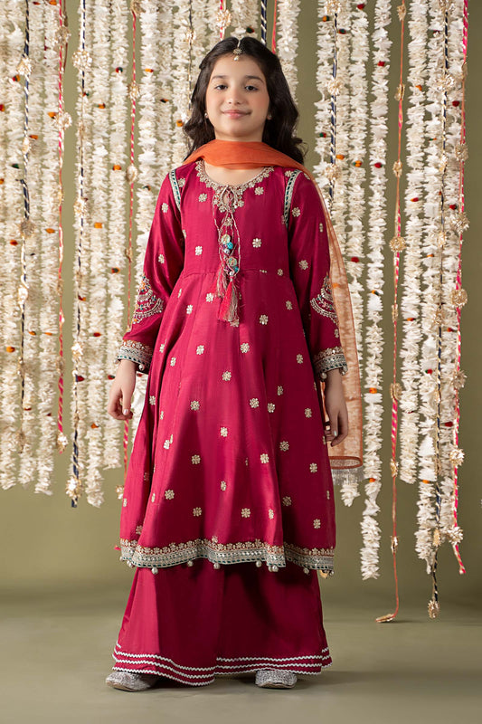 Maria B | 3 Piece Embroidered Raw Silk Suit | MKS-EF25-07 by Maria Faisal - Registered Vendor of : Maria B - type : Kids Clothes - 100% original wedding dresses