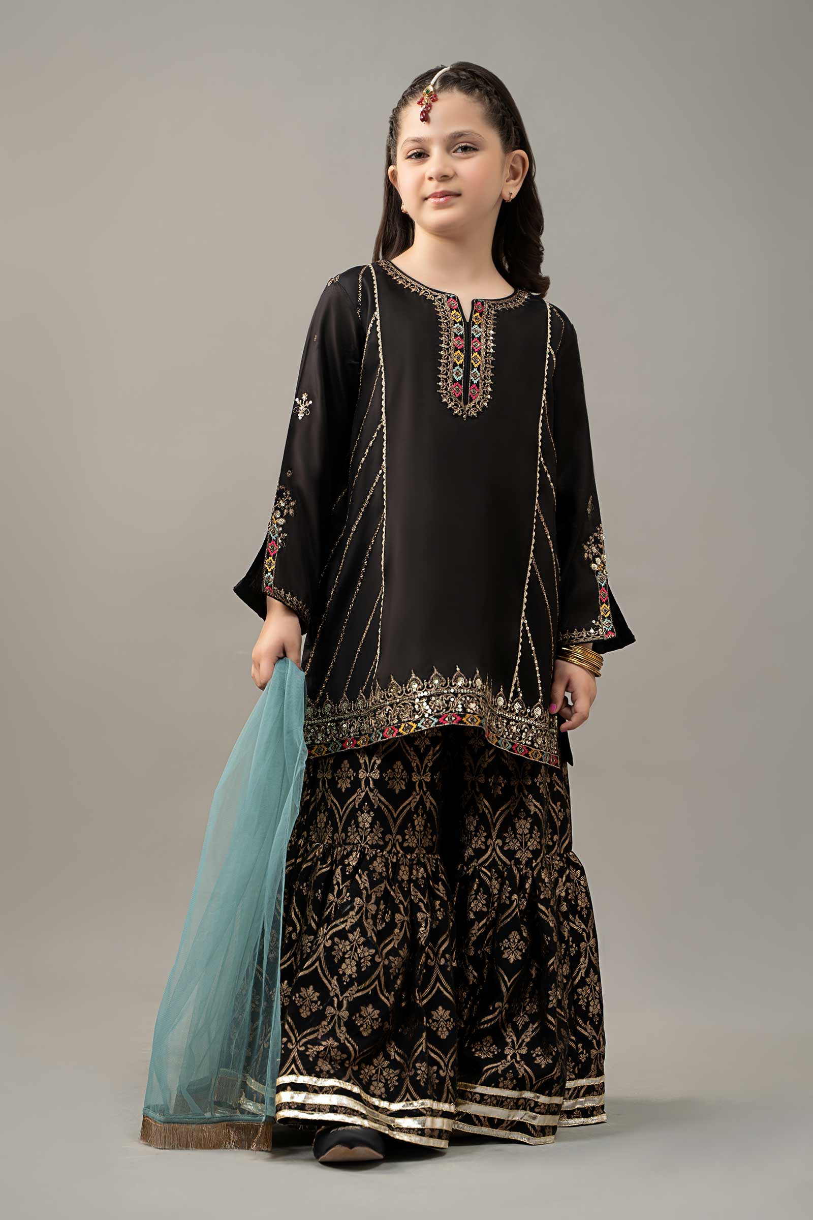 3 Piece Embroidered Raw Silk Suit - Kids Clothes - available at Maria Faisal in UK and USA
